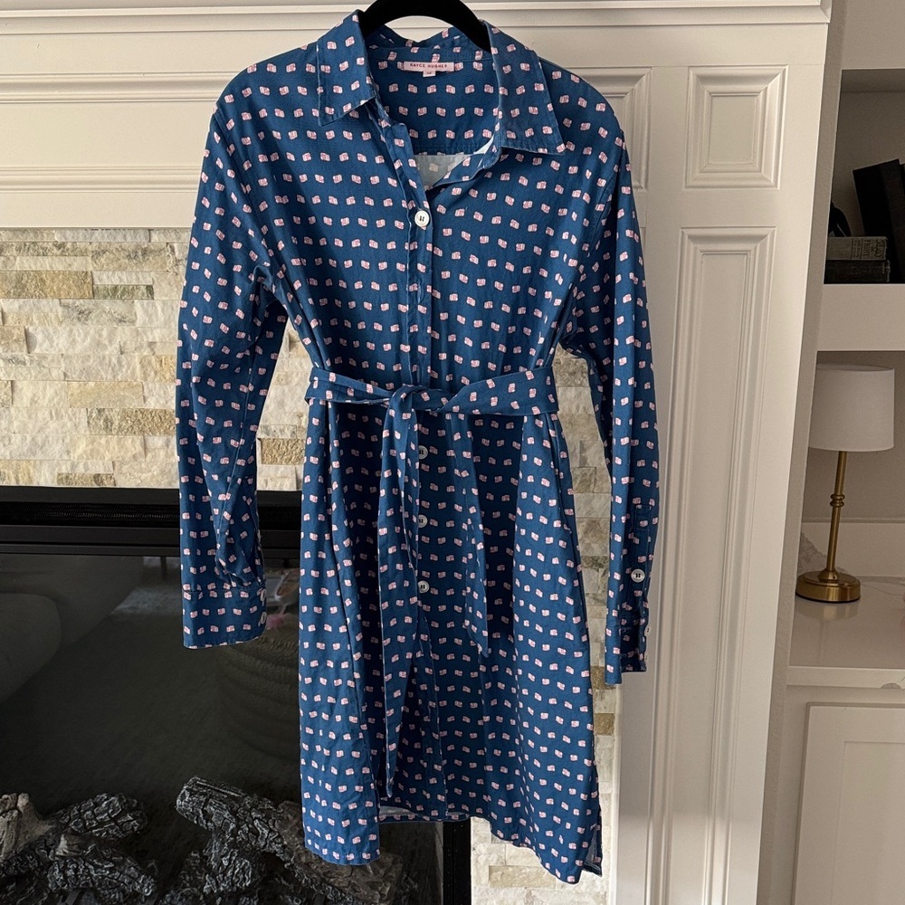 Kayce Hughes Blue Pink Patterned Long Sleeve Shirt Dress Size 10 100% Cotton